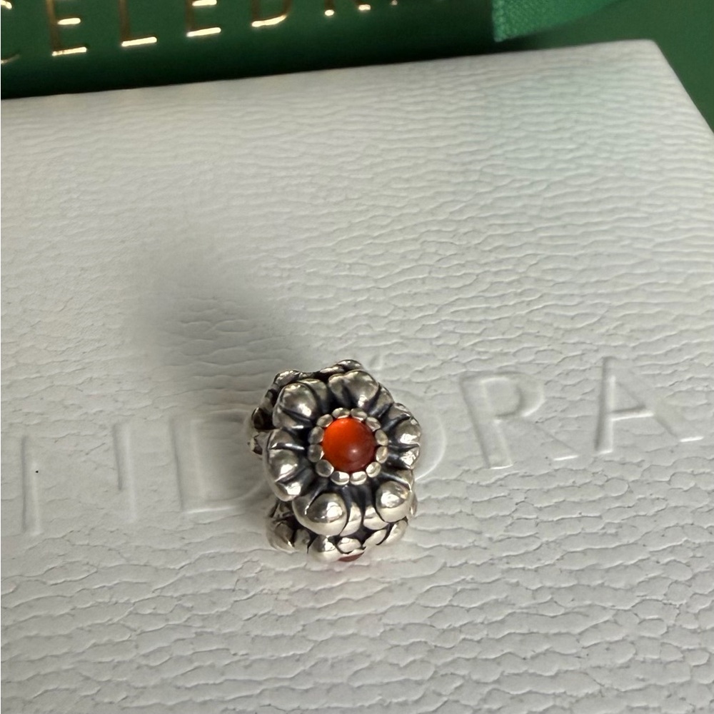 Pandora Silver and Orange Carnelia Floral Charm RETIRED VINTAGE RARE